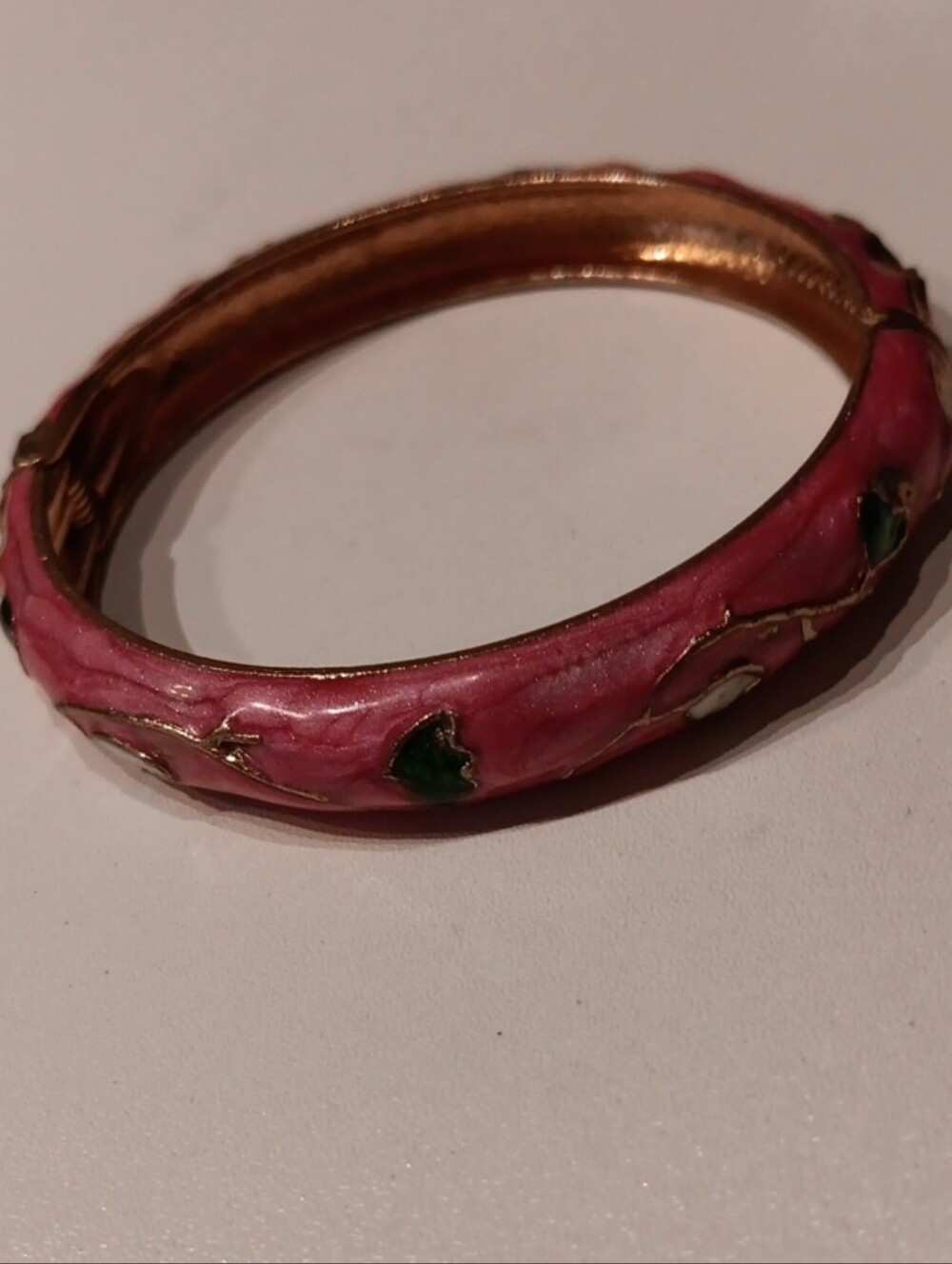 Elegant Pink Enamel Bangle Bracelet with Green Accent